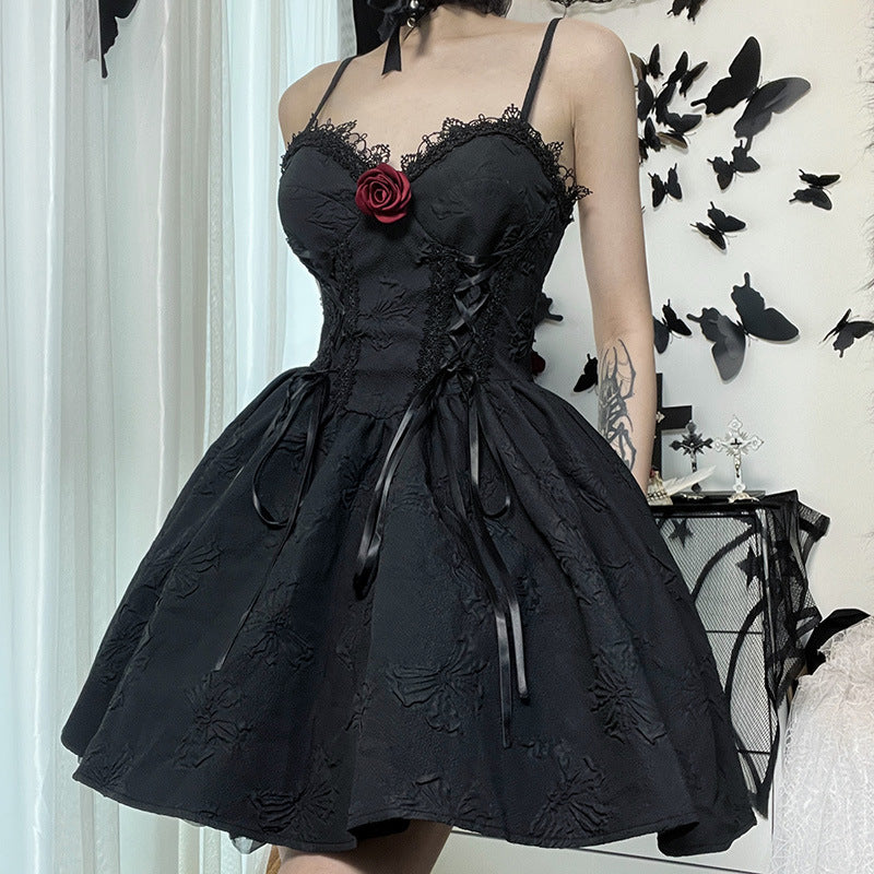 Dark Style Personality Jacquard Open Back Sling Dress Wholesale Dresses