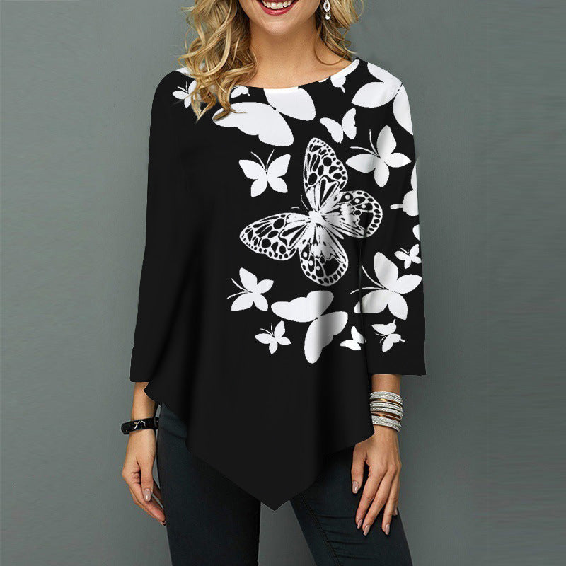 Fashion Print Tops Round Neck Irregular Hem Loose Wholesale Womens Long Sleeve T Shirts