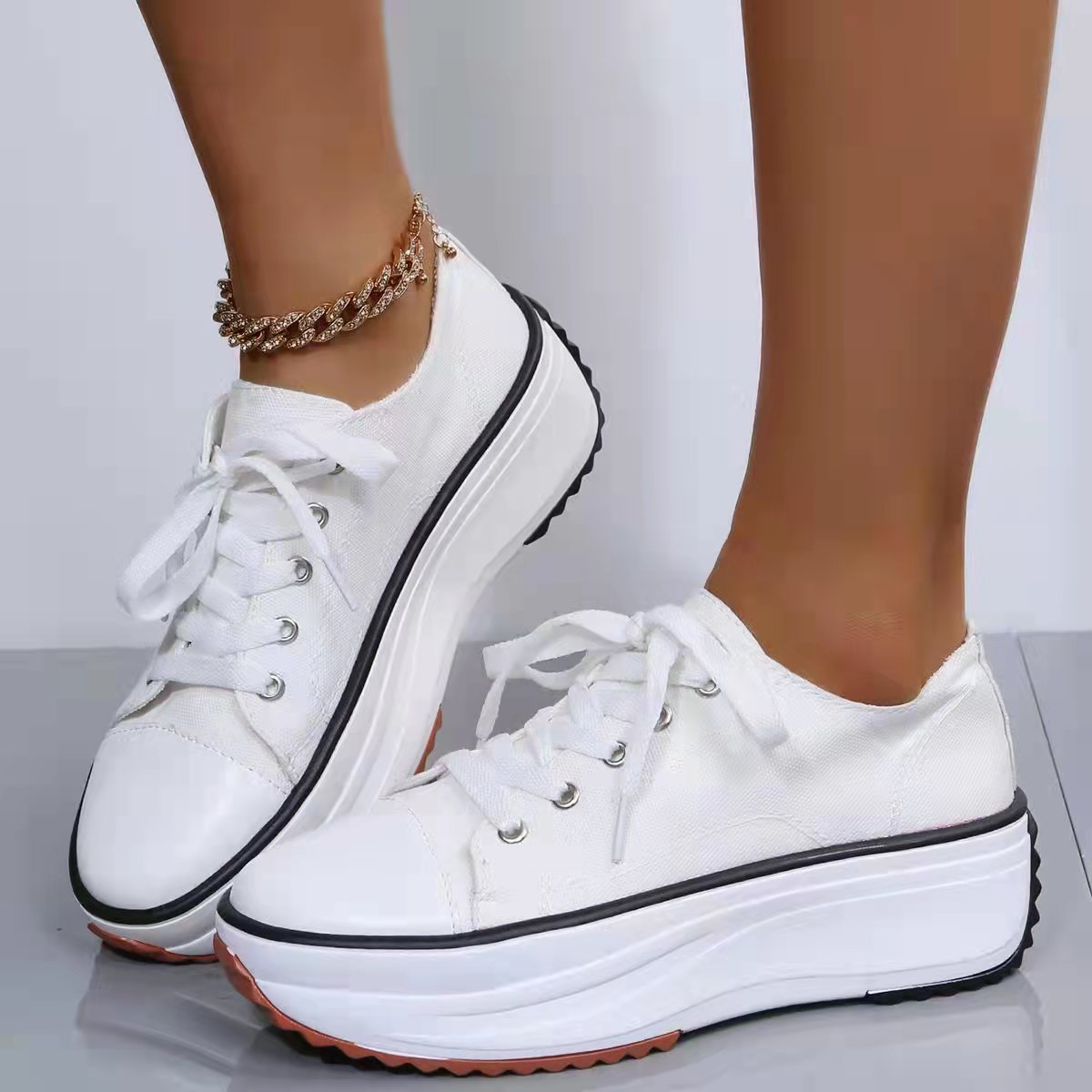 Black Low-Top Lace-up Platform Sneaker Casual Wholesale Shoes