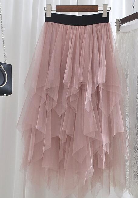 Irregular Hem Mesh Tutu Pleated Midi Skirt SS070013