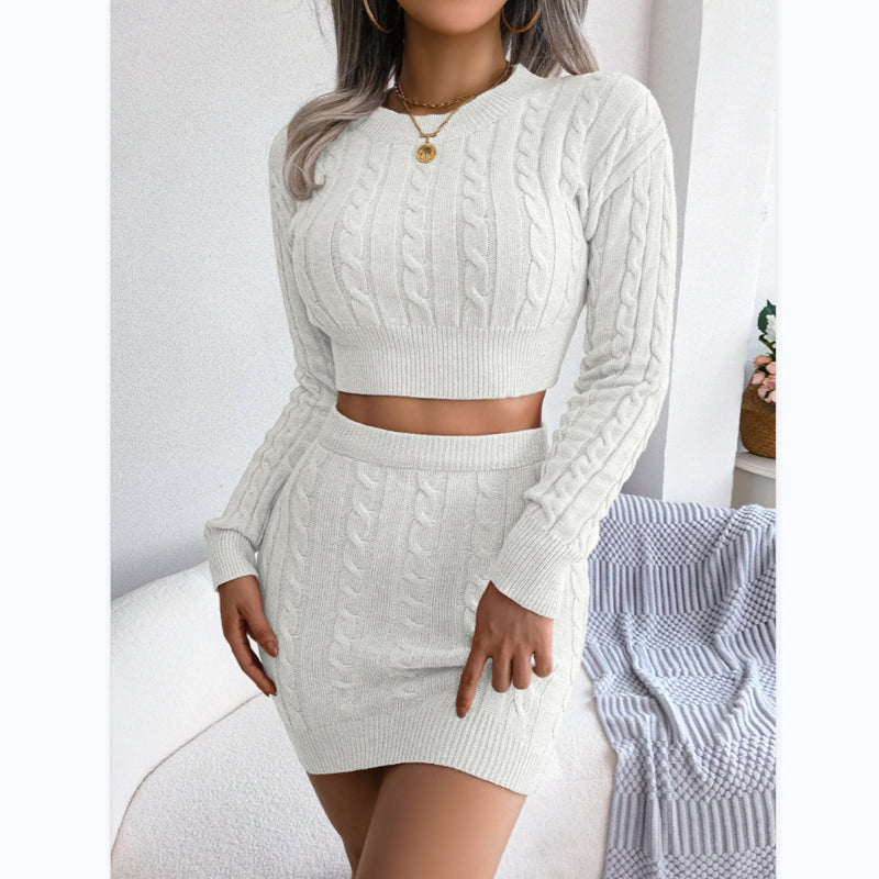 Casual Knit Crop Tops & Bodycon Skirt Twist Solid Color Womens 2 Piece Sets