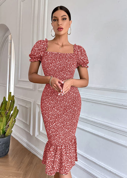 Floral Print Fishtail Ruffle Bodycon Dress Wholesale Dresses