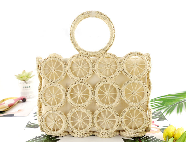 Hollow Woven New Round Square Hand-Held Straw Wholesae Casual Womens Bag