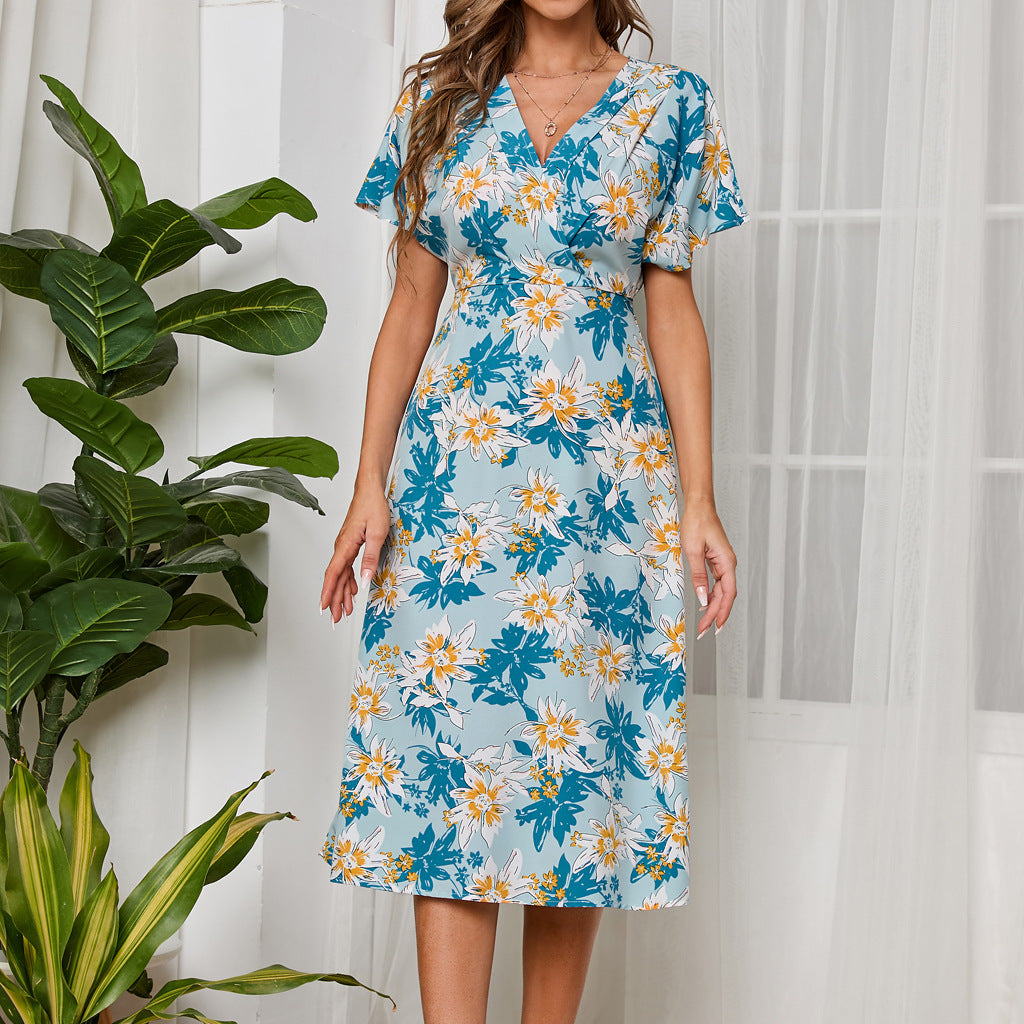 Floral Printed Chiffon V-Neck Short Sleeve Wide Swing Wholesale Dresses Midi Dress Elegant