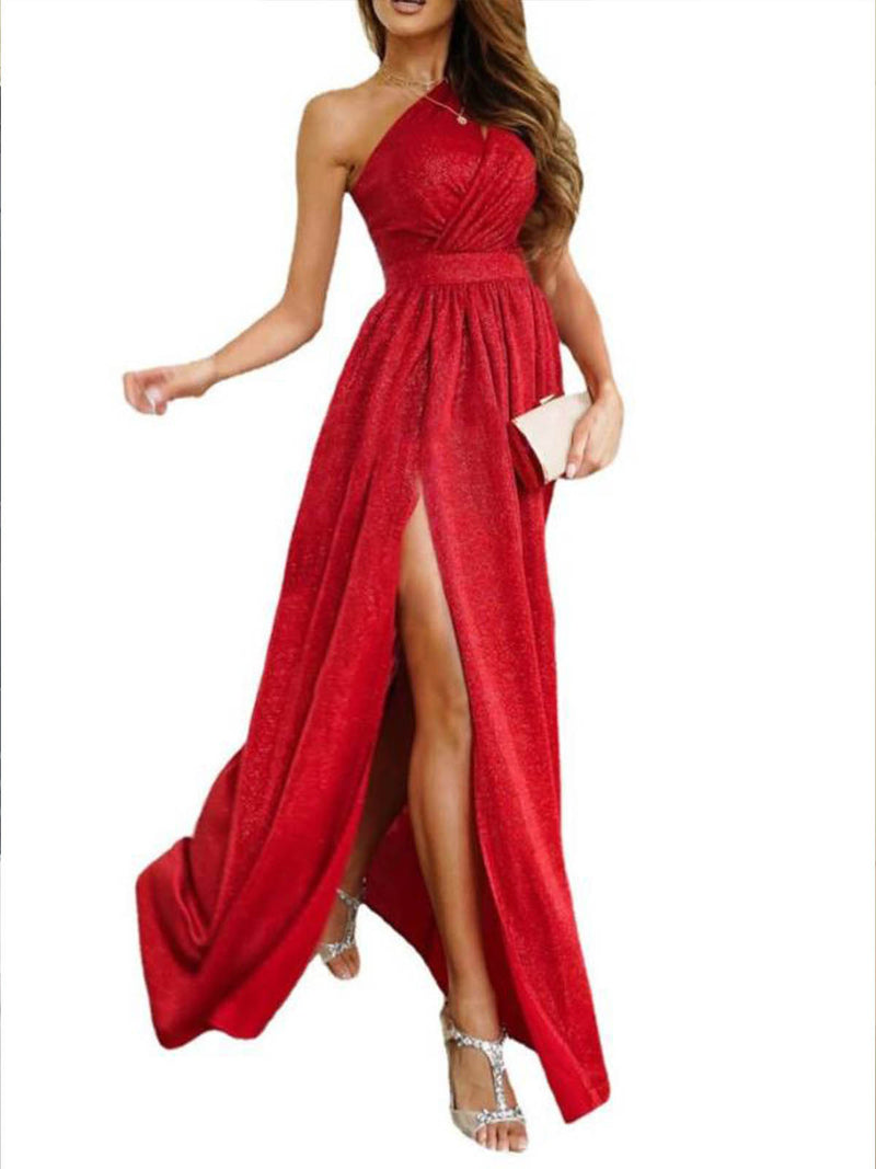 Women Fashion Plain One Shoulder Hollow Out High Slit Wholesale Prom Dresses