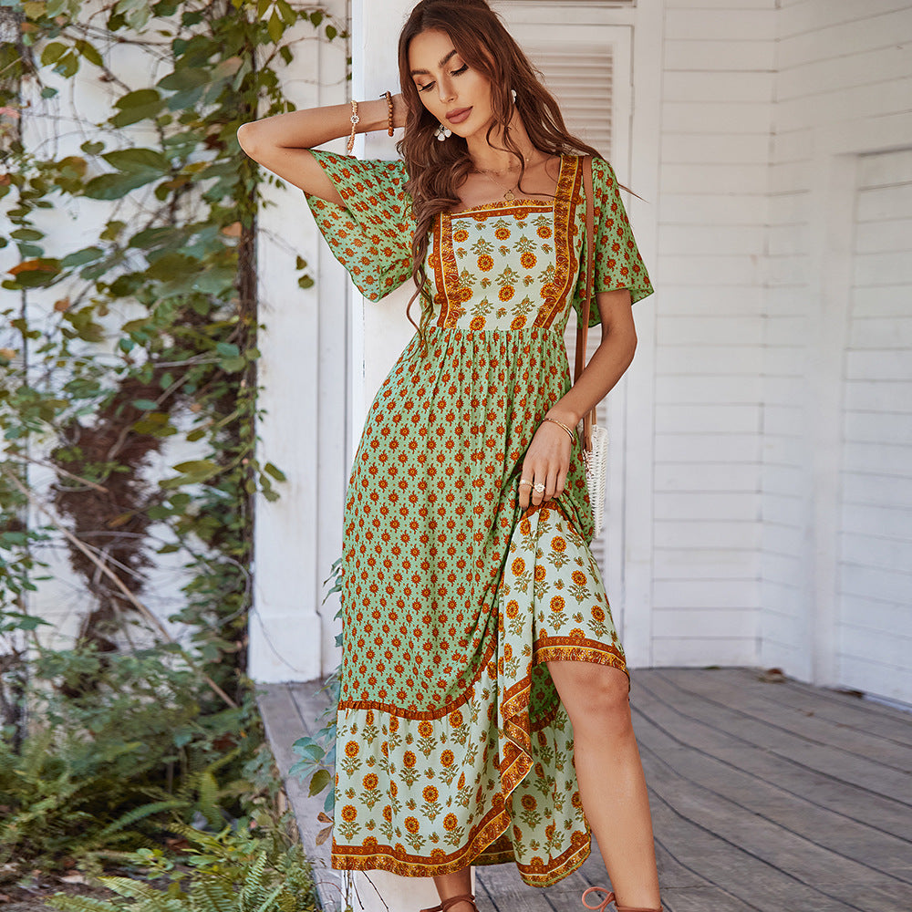 Vintage Square Neck Bohemian Dress For Women Casual Maxi Dress