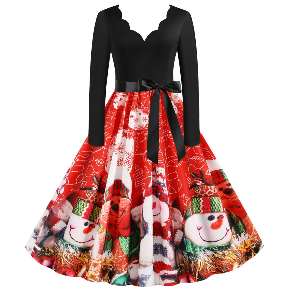 Christmas Retro V-Neck Print Big Swing Dress