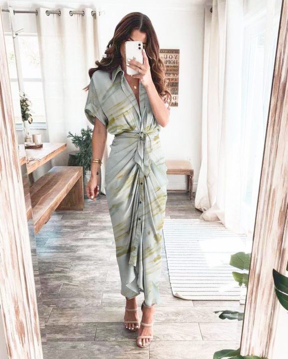 Fashion Printed Short Sleeve Single-Breasted Lace-Up Pleated Shirtdress Casual Wholesale Shirt Dresses