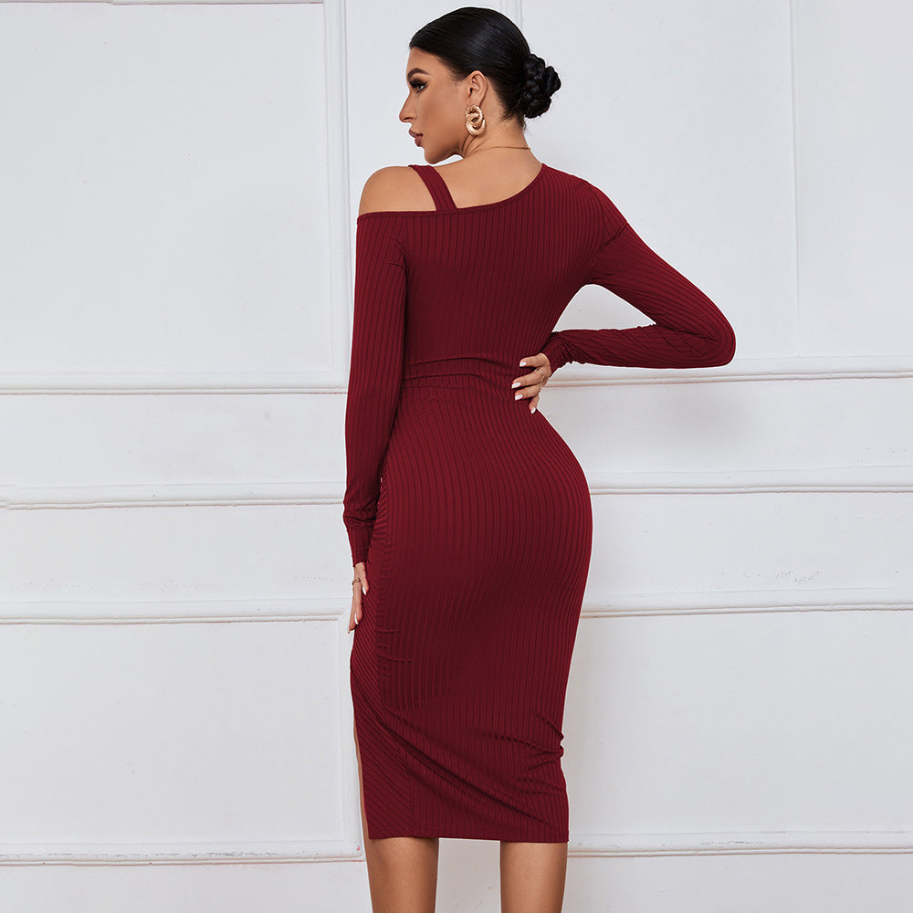 Off Shoulder Long Sleeve Package Hip Drawstring Knitted Dress Wholesale Dresses