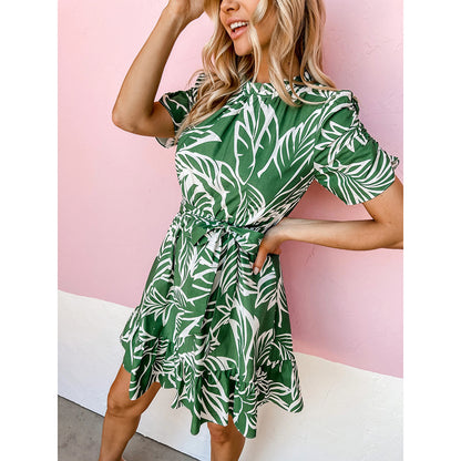 Fashion Print Lotus Leaf Collar Dress Short Sleeve Lace-Up Casual Stitching Wholesale Dresses