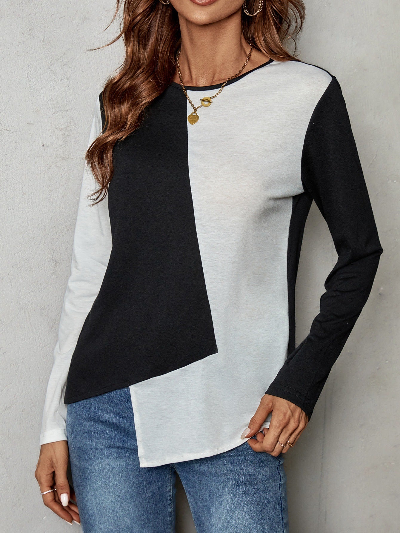 Casual U-Neck Splicing Tops Wholesale Womens Long Sleeve T Shirts