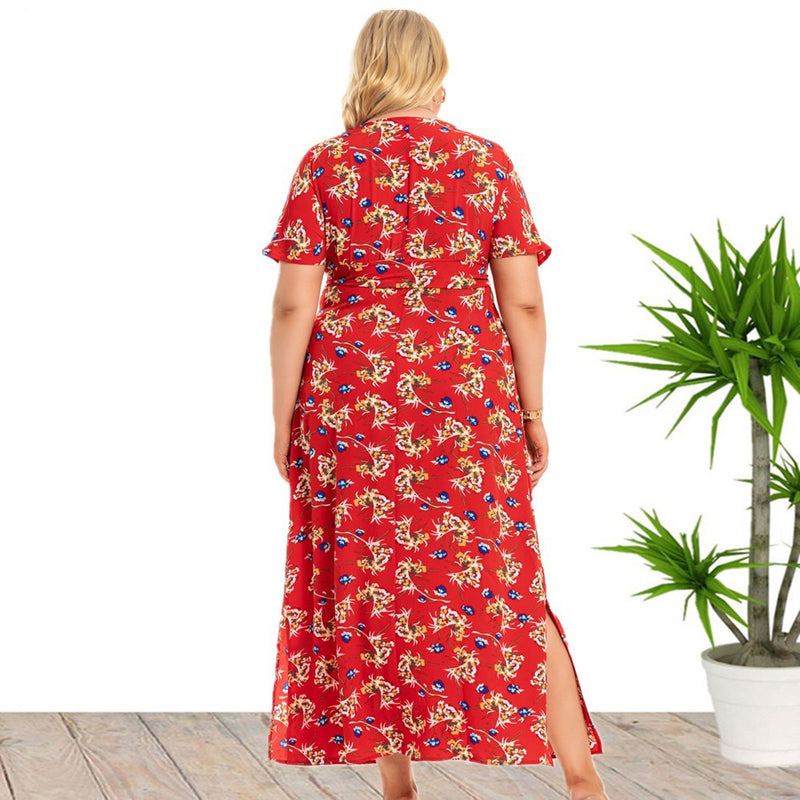 Floral Printed Deep V Slit Short Sleeve Fashion Curve Maxi Dresses Wholesale Plus Size Clothing