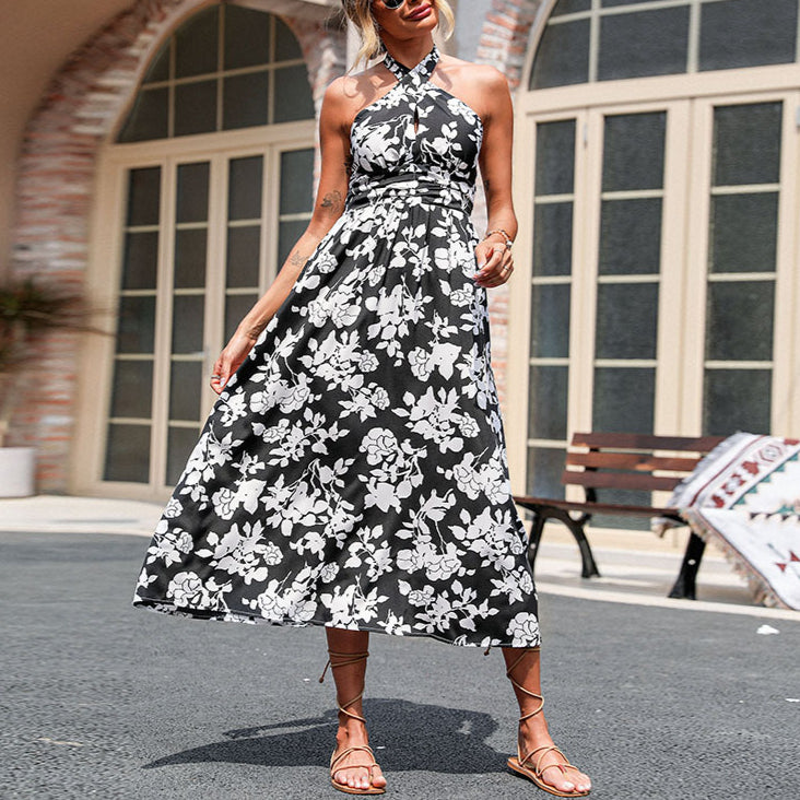 Floral Print Halterneck Sleeveless Wholesale Swing Dresses