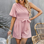 Solid Color One Shouder Ruffle Sleeve Tie-Up Waist Women Rompers Wholesale Jumpsuits