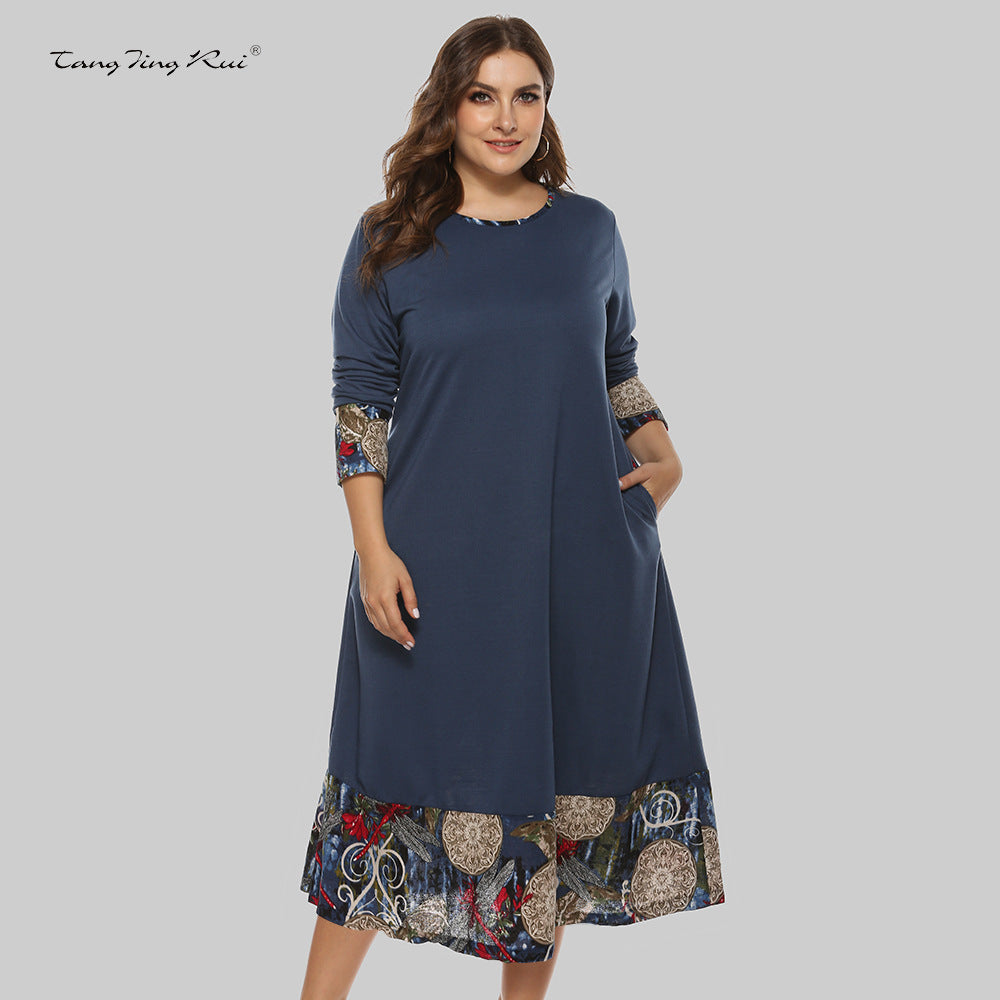 Plus Size Ethnic Style Loose Stitching Dress Women Wholesale