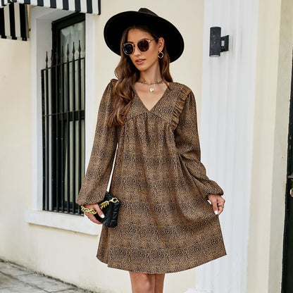 Leopard Print V Neck Loose Long Sleeve Dress Wholesale Dresses