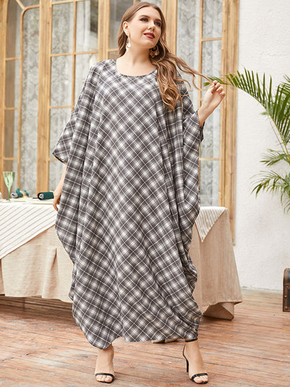 Casual Loose Bat Sleeve Plaid Maxi Dress Wholesale Plus Size Clothing