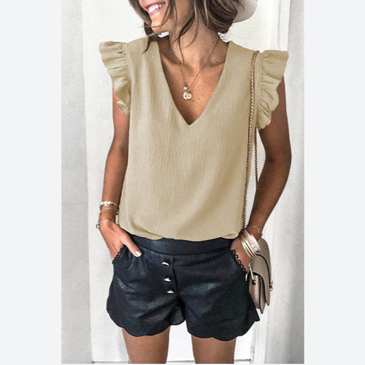 Plain Color Ruffle Sleeveless V Neck Wholesale Tank Tops for Women