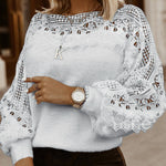 Fashion Lace Knit Pullover Top Crew Neck Solid Color Long Sleeve Women Wholesale Sweaters