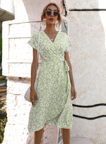 V Neck Daisy Print Short Sleeve Lace-Up Slit Flowy Dress Casual Wholesale Dresses