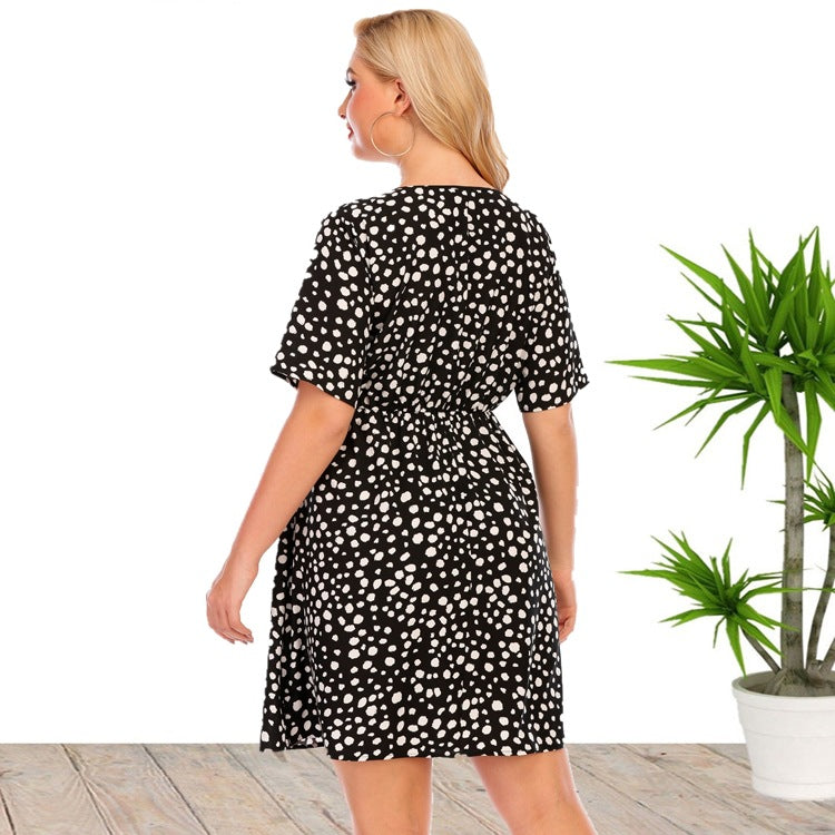 Dot Printed V Neck Casual Midi Curve Dresses Single-Breasted Wholesale Plus Size Clothing