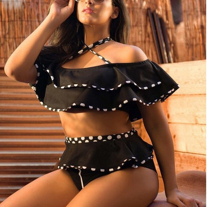 Halter Neck Color Block Patchwork Ruffle Layers Wholesale Plus Size Swimsuit