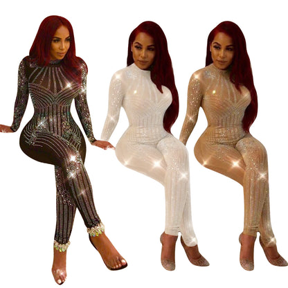 Mesh Hot Drilling Long Sleeve Women Jumpsuit