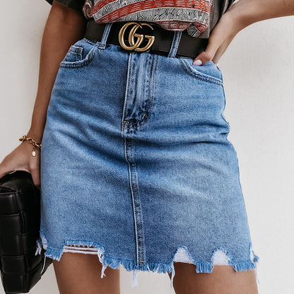 Casual Tassel Irregular Cut Edge High Waist All-Match Denim Skirt Wholesale Women Bottom