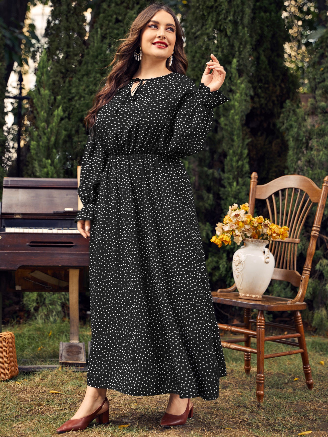 Chiffon Polka Dot Curvy Dress High Waist Long Sleeve Dresses Wholesale Plus Size Clothing