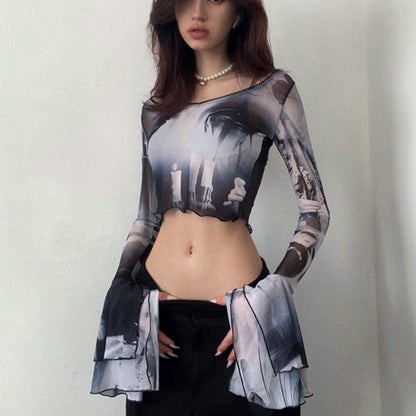 Fashion Printed Crew Neck Casual Flared Sleeve Wholesale Crop Tops