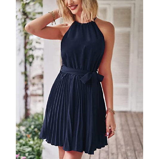 Summer Lace-Up Sleeveless Pleated Dress Wholesale Dresses