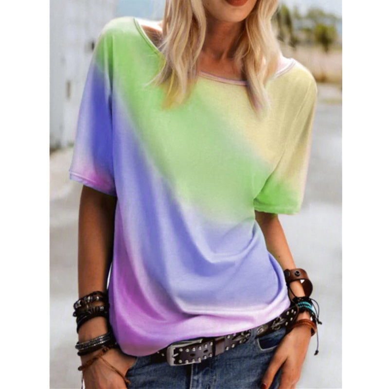 Round Neck Rainbow Gradient Print Short Sleeve Loose Womens Tops Casual Wholesale T Shirts