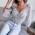 Sexy V-Neck Slim Floral Print Shirt Long Sleeve Chiffon Wholesale Womens Blouses