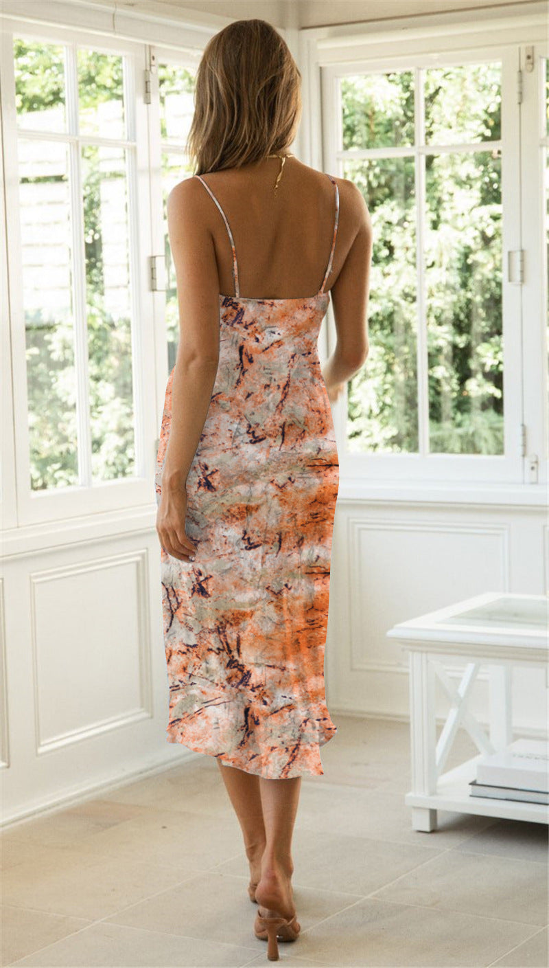 Tie Dye Print Sleeveless Sundresses Slit Mid-Length A-Line Dress Beach Wholesale Dresses SD531061