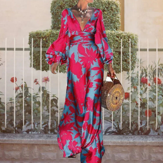 Lantern Sleeve Printed Elegant V-Neck Long Swing Dress Wholesale Dresses