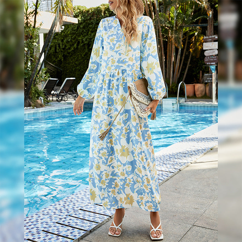 Fashion V Neck Floral Maxi Dress Long Sleeve Loose Resort Wholesale Dresses