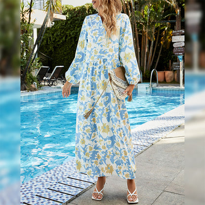 Fashion V Neck Floral Maxi Dress Long Sleeve Loose Resort Wholesale Dresses