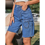 Solid Color Frayed Five-Point Pant With Pocket Casual Straight-Leg Wholesale Denim Shorts