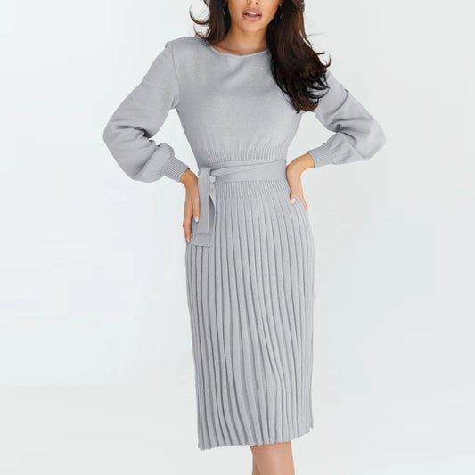 Long Sleeve Slim Fit Midi Pleated Knit Dress Wholesale Jersey Dresses