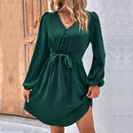 Solid Color V Neck Tie-Up Long Sleeve Pleated Dress Wholesale Dresses