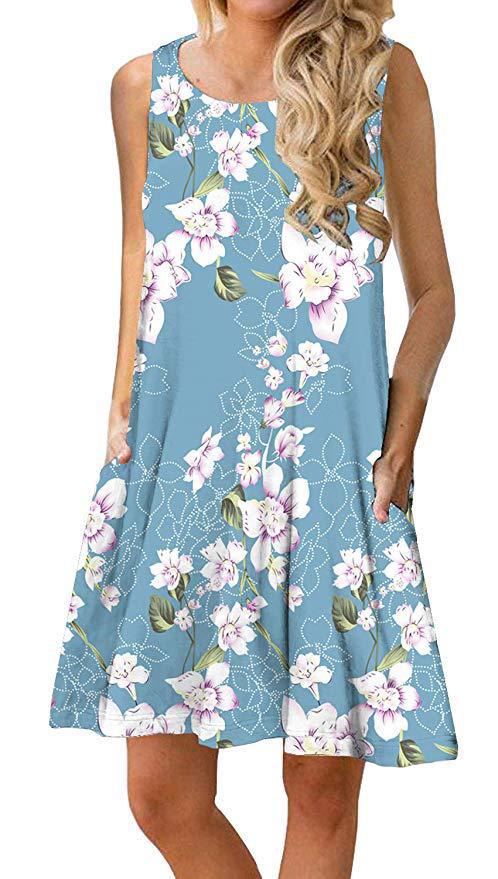 Women Fashion Floral Print Sleeveless Wholesale Tank Dresses With Pockets Summer