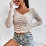 Pleated Tight Knitted Solid Color Slim Bottoming Long Sleeve Crop Top Wholesale Women Top