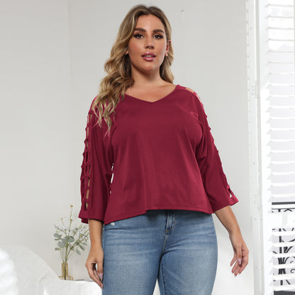 V-Neck Bat Sleeve Women Blouse Wholesale Plus Size Clothing Hollow Design