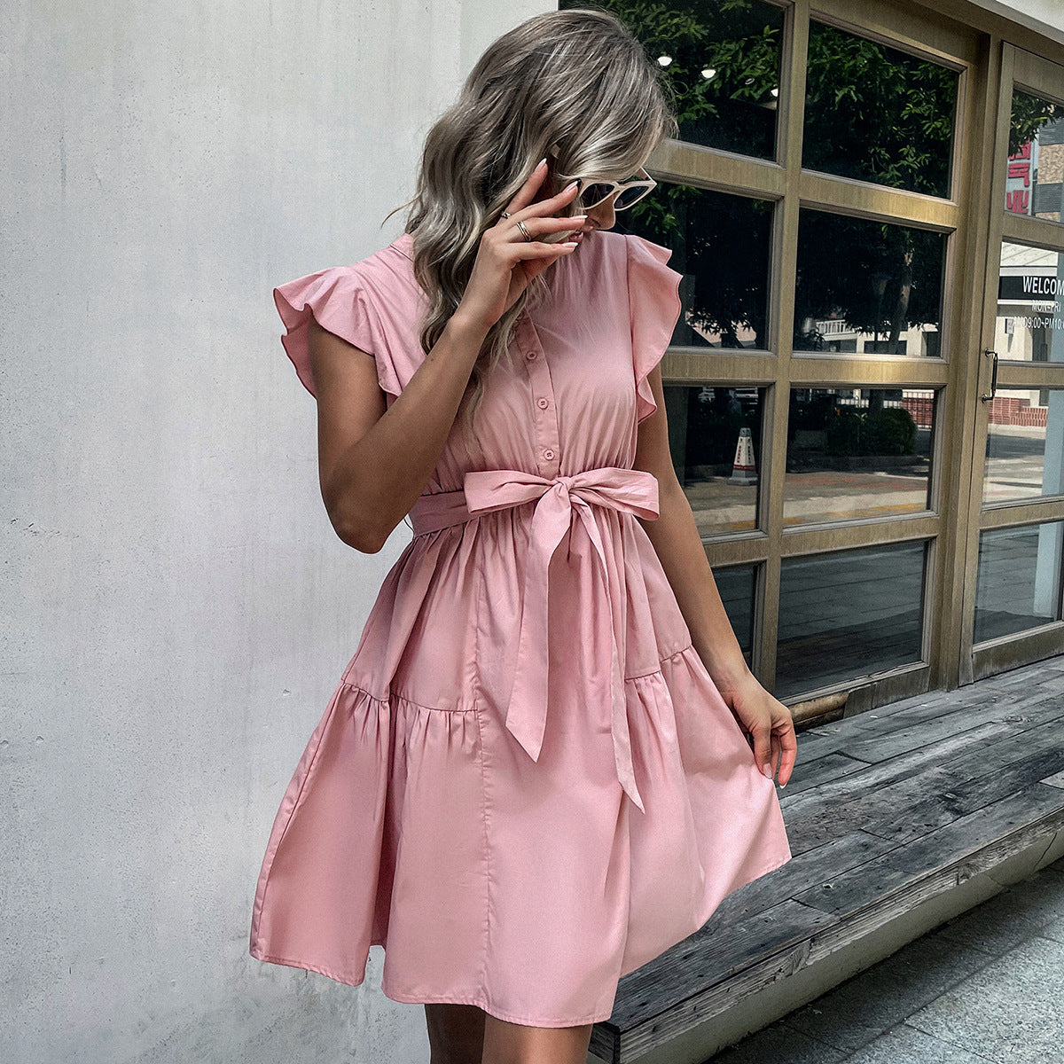 Solid Color Loose Casual Wholesale Dresses Ruffled Fly-Sleeved Dresses