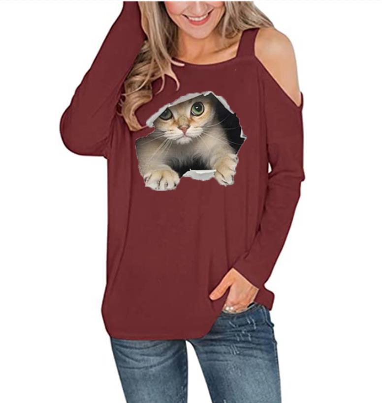 Off Shoulder Cat Print Long Sleeve Blouse Womens Tops Wholesale T-Shirts