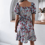Floral Printed Square Neck Puff Sleeve Casual Ruffles Wholesale Dresses Retro Casual Dress