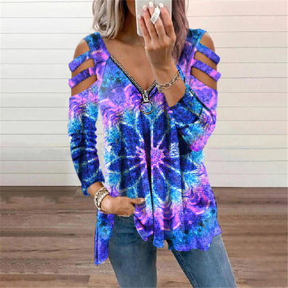 Sexy V Neck Off Shoulder Print Tops Zip Long Sleeve Loose Womens T Shirts Wholesale