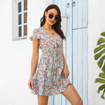 Floral Print V Neck Short Sleeve Lace Up Bowknot Wholesale Swing Dresses for Summer