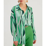 Digital Stripes Print Lapel Long Sleeve Loose Shirt Wholesale Womens Tops
