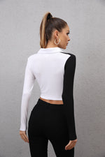 Fashion Contrast Color Lapel Deep V Shirt Single Breasted Long Sleeve Wholesale Crop Tops